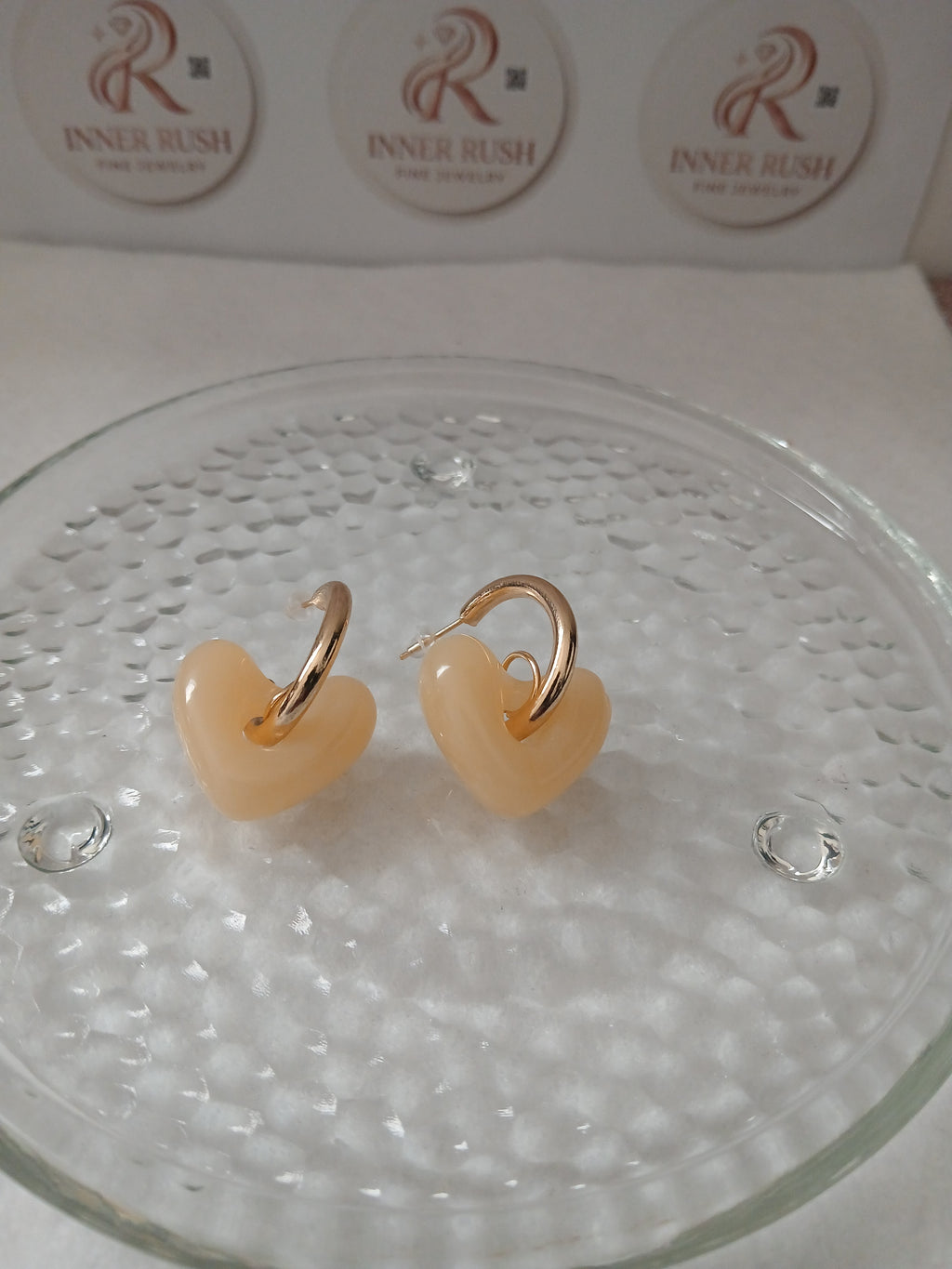Cream Jade Heart Gold Earrings