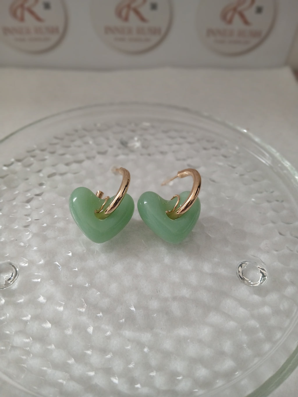 Green Jade Heart Gold Earrings