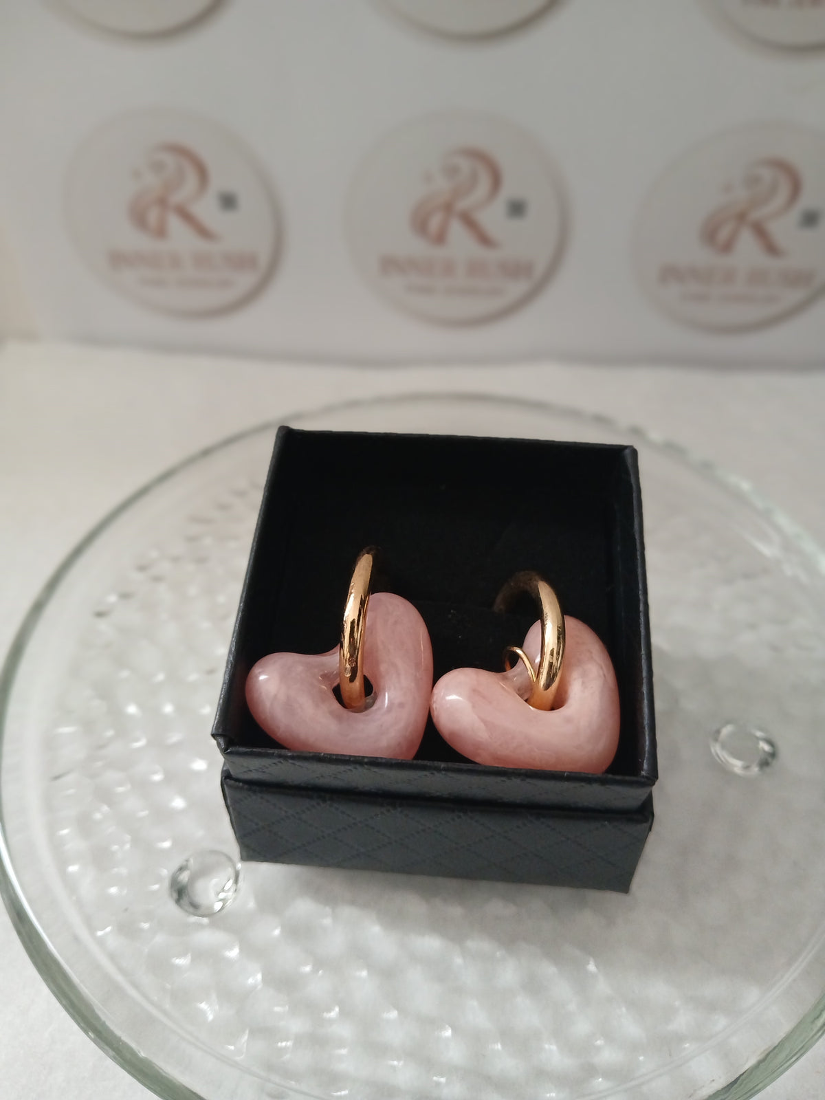 Pink Jade Heart Gold Earrings