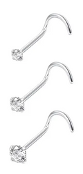 Corkscrew Shaped Cz Stone Silver Stainless Steel Nose Rings