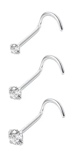 Corkscrew Shaped Cz Stone Silver Stainless Steel Nose Rings