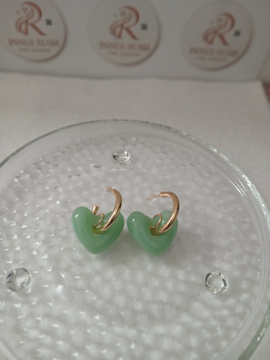 Green Jade Heart Gold Earrings