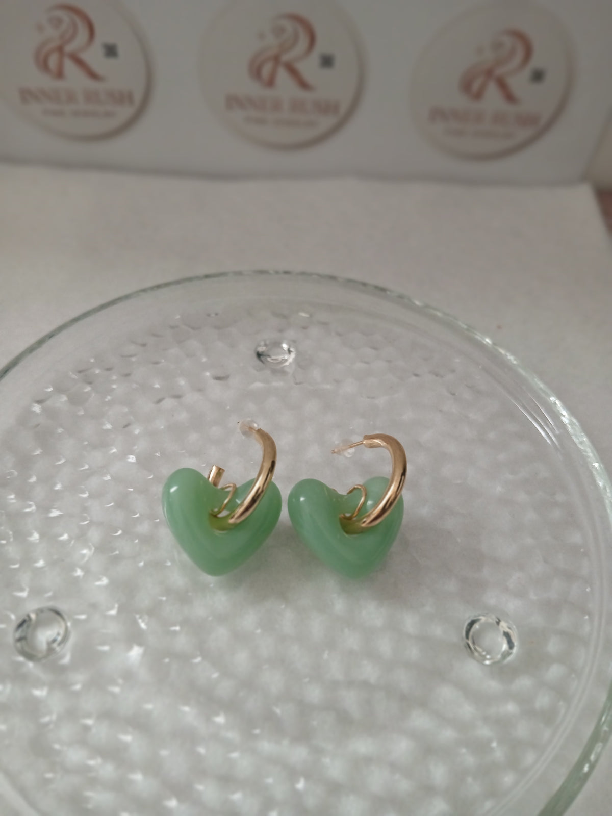 Green Jade Heart Gold Earrings
