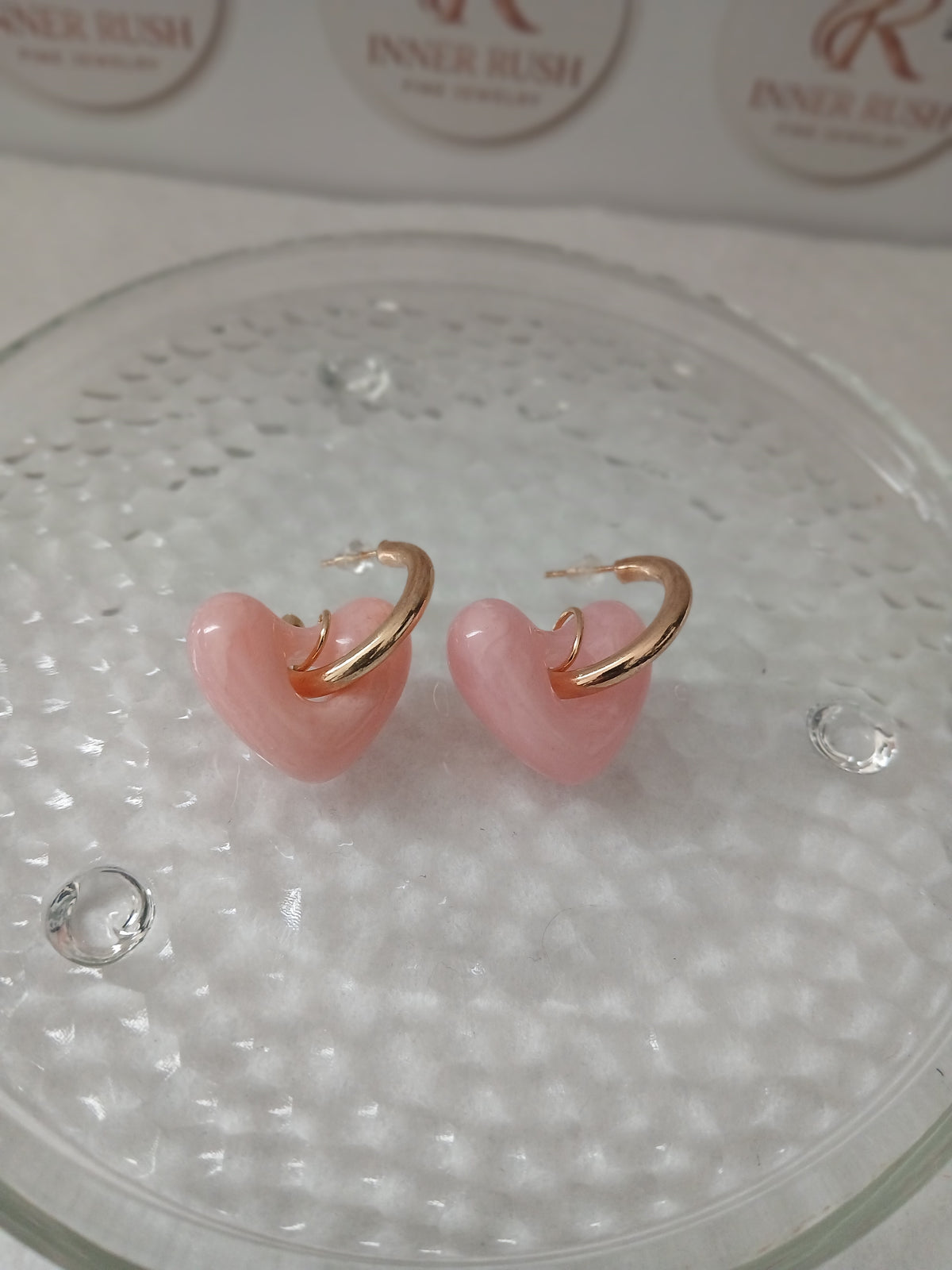 Pink Jade Heart Gold Earrings