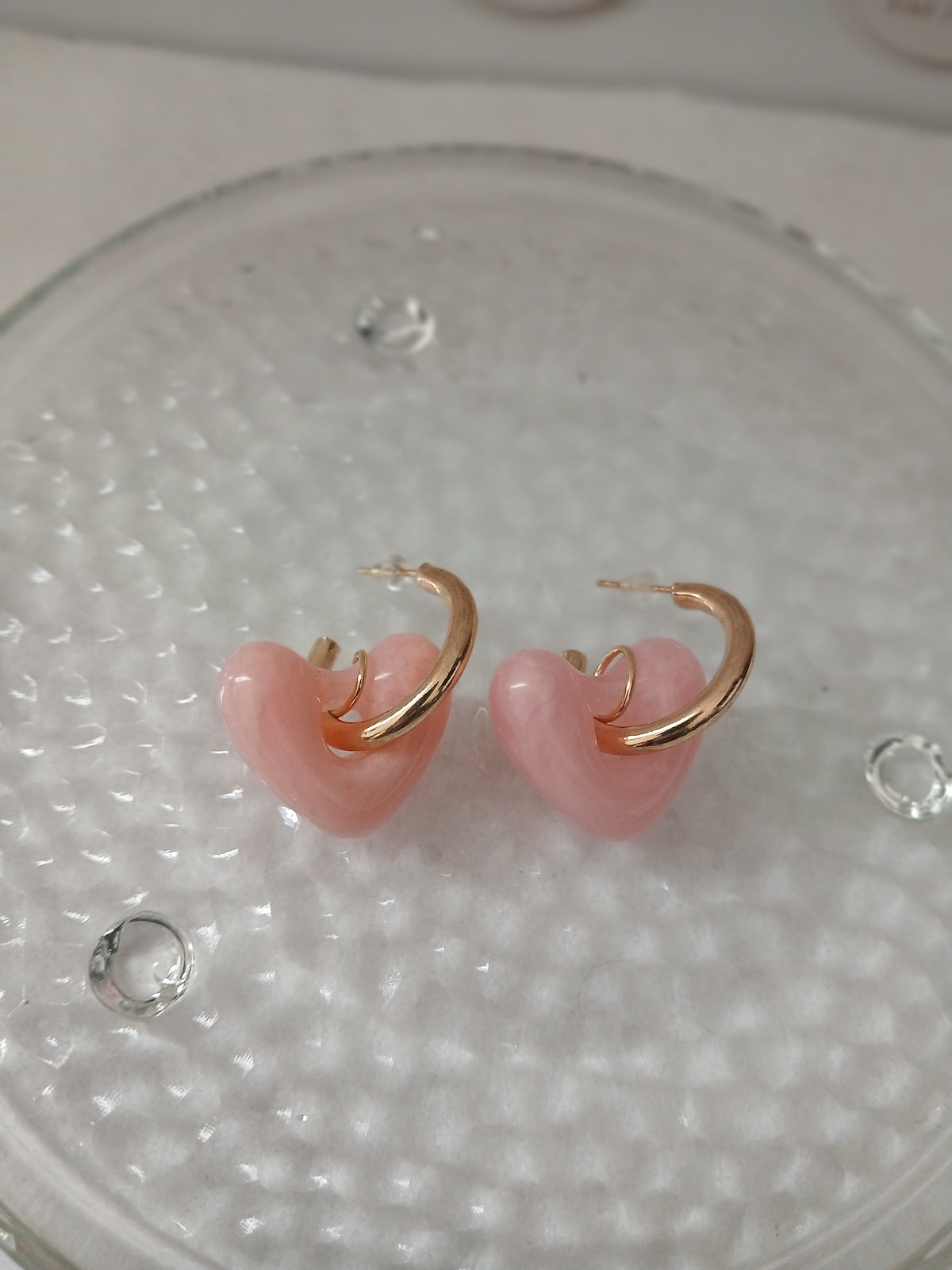 Pink Jade Heart Gold Earrings