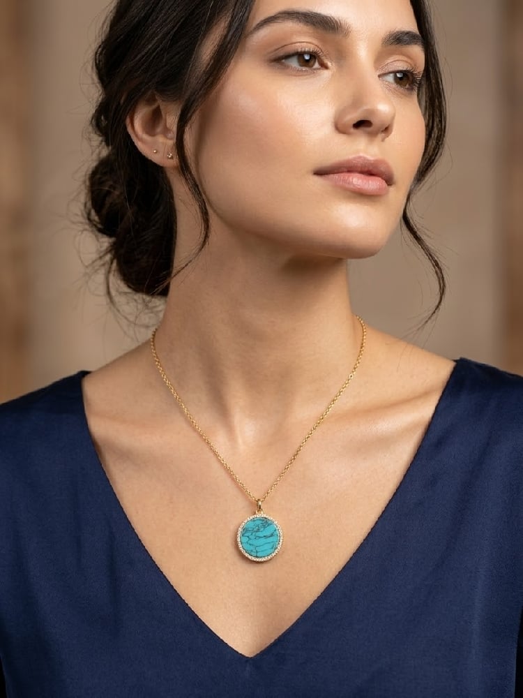 Turquoise Rhinestone Gold Round Necklace